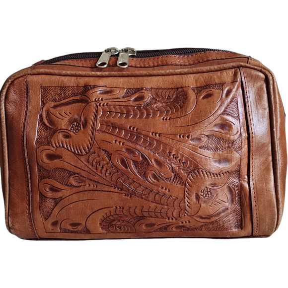 Force Ten Classic Floral Hand Tooled Leather Crossbody Bag Zip Closure Lined - Picture 3 of 14